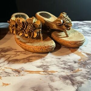 Boc Gold Flower Cork Low Wedge Heel Sandals